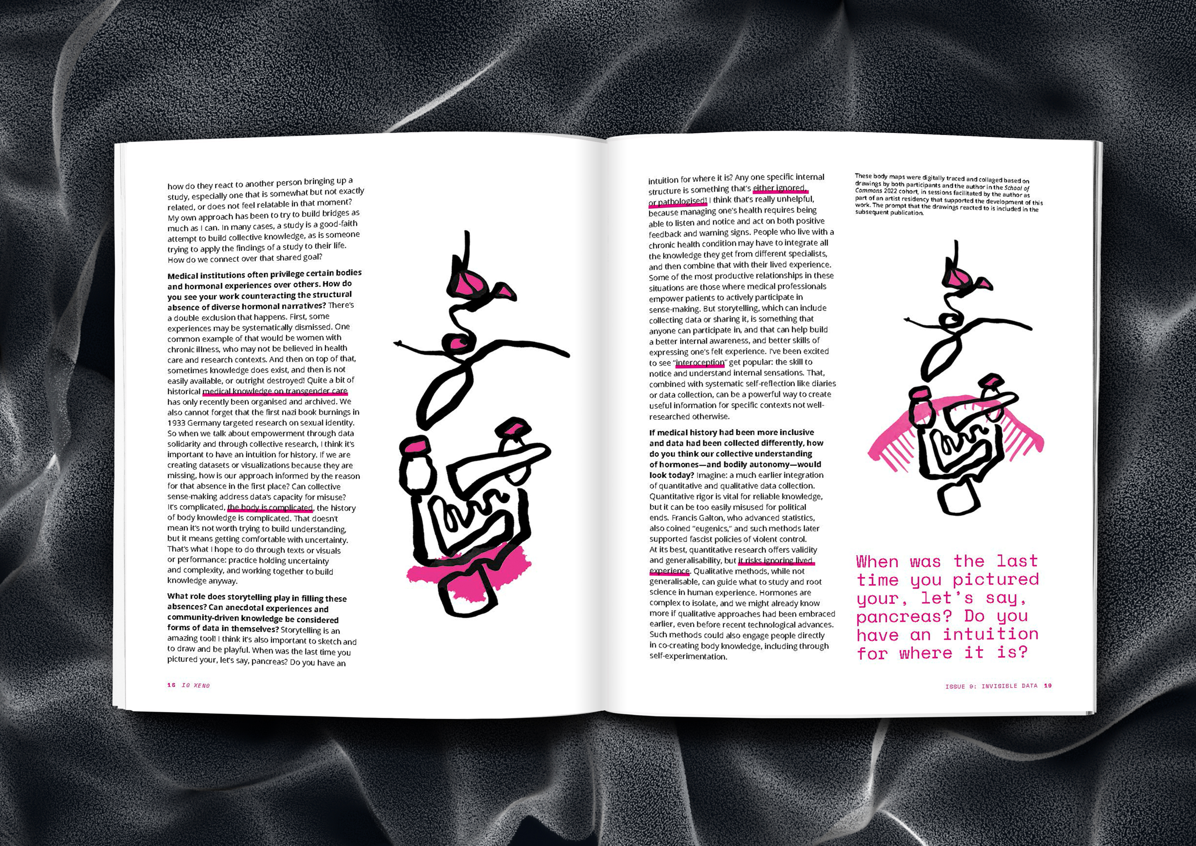 Magazine spread with interview by i0 xen0 on social body data collection